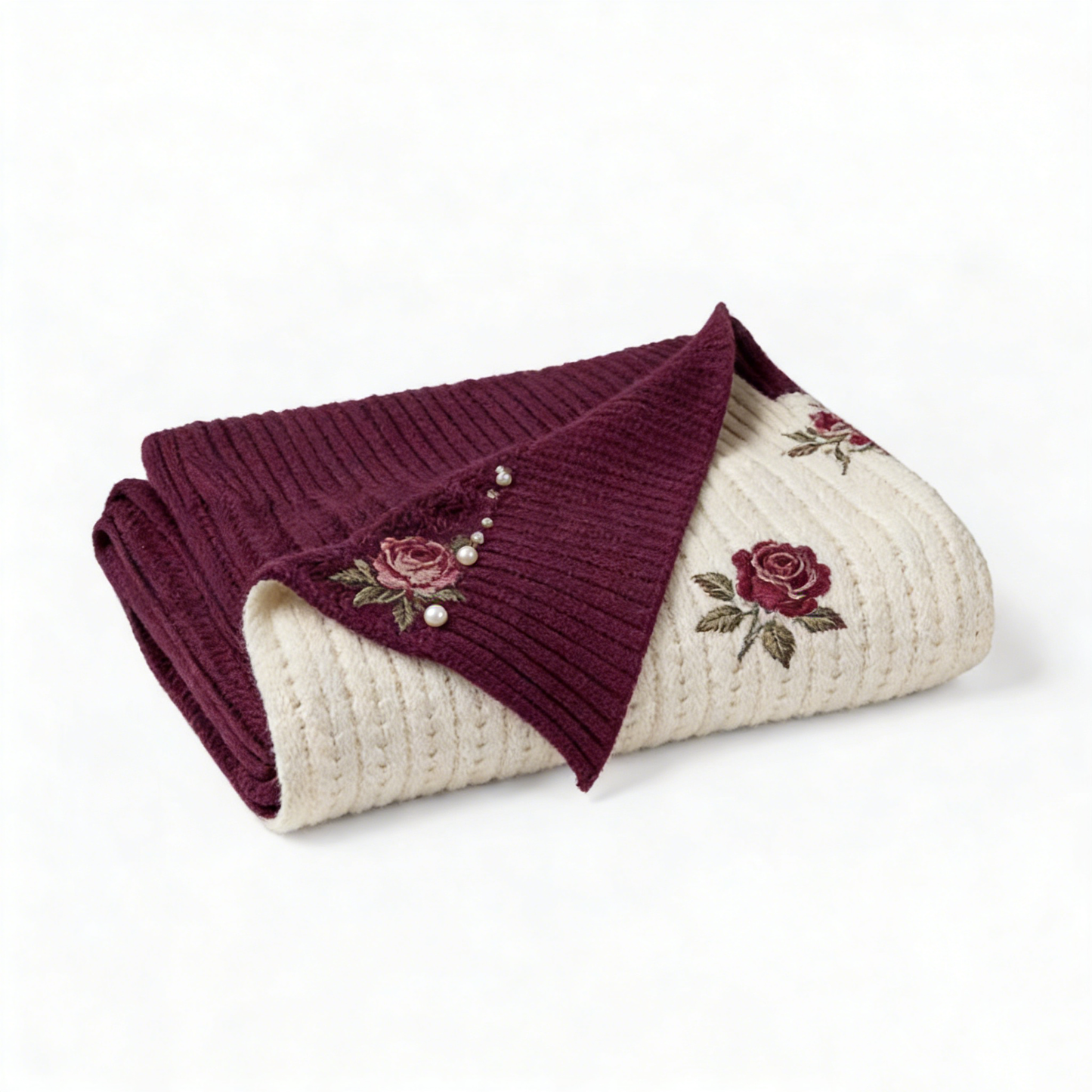 Burgundy Rose Pearl Knit Throw Blanket