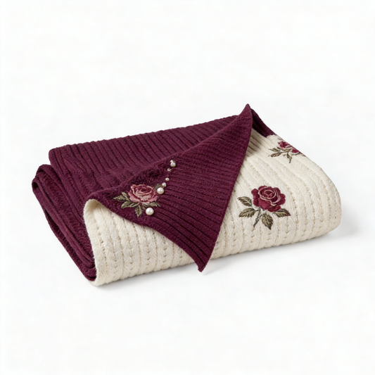 Burgundy Rose Pearl Knit Throw Blanket