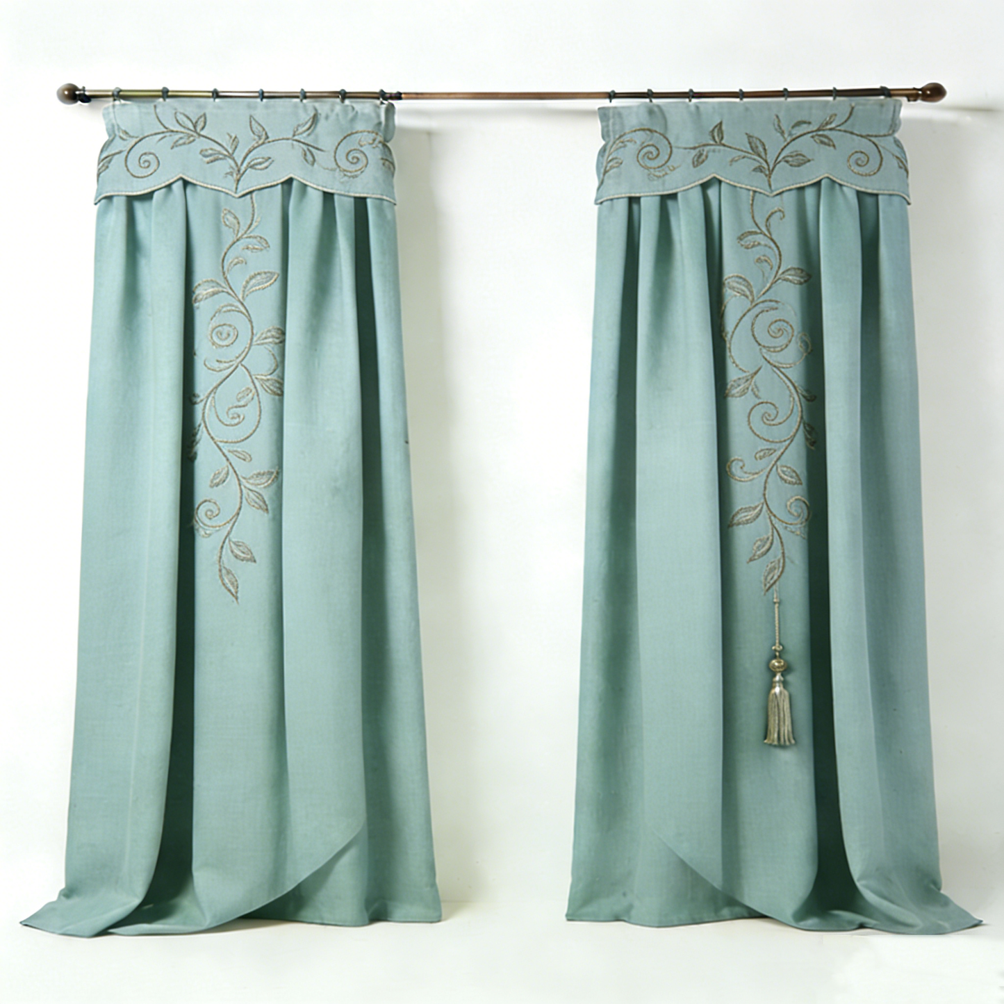 Mint Leaf Embroidery Linen Curtain Set
