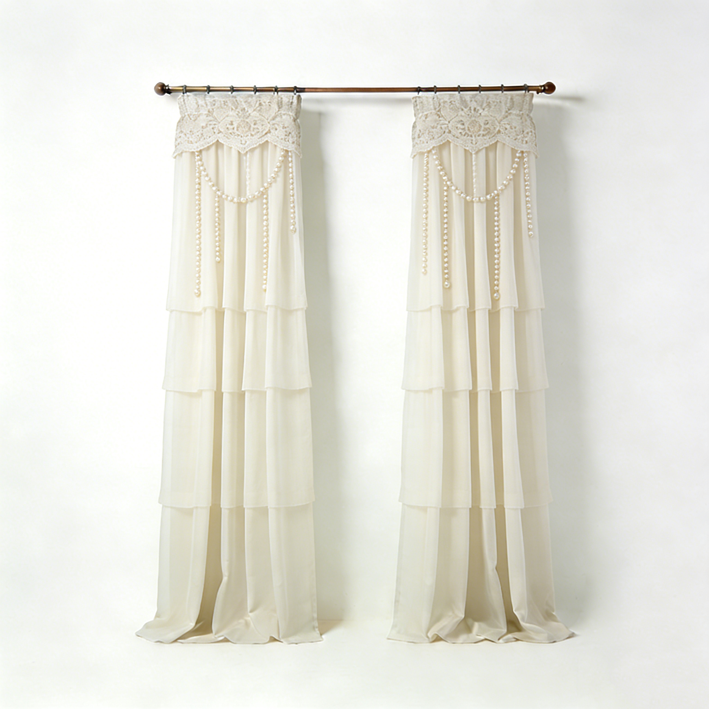 Cream Pearl Layered Lace Curtain Set