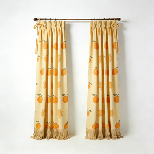 Yellow Orange Fruit Print Tassel Curtain Set