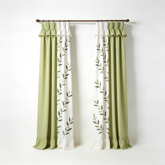 Green‑White Leaf Ruffle Curtain Set