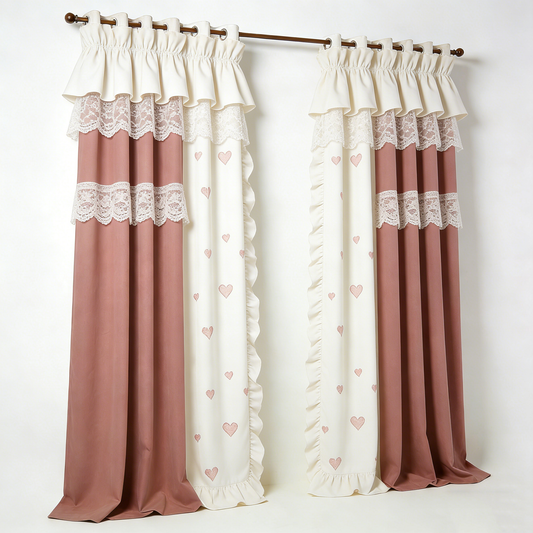 Dusty Pink Heart Lace Ruffle Curtain Set