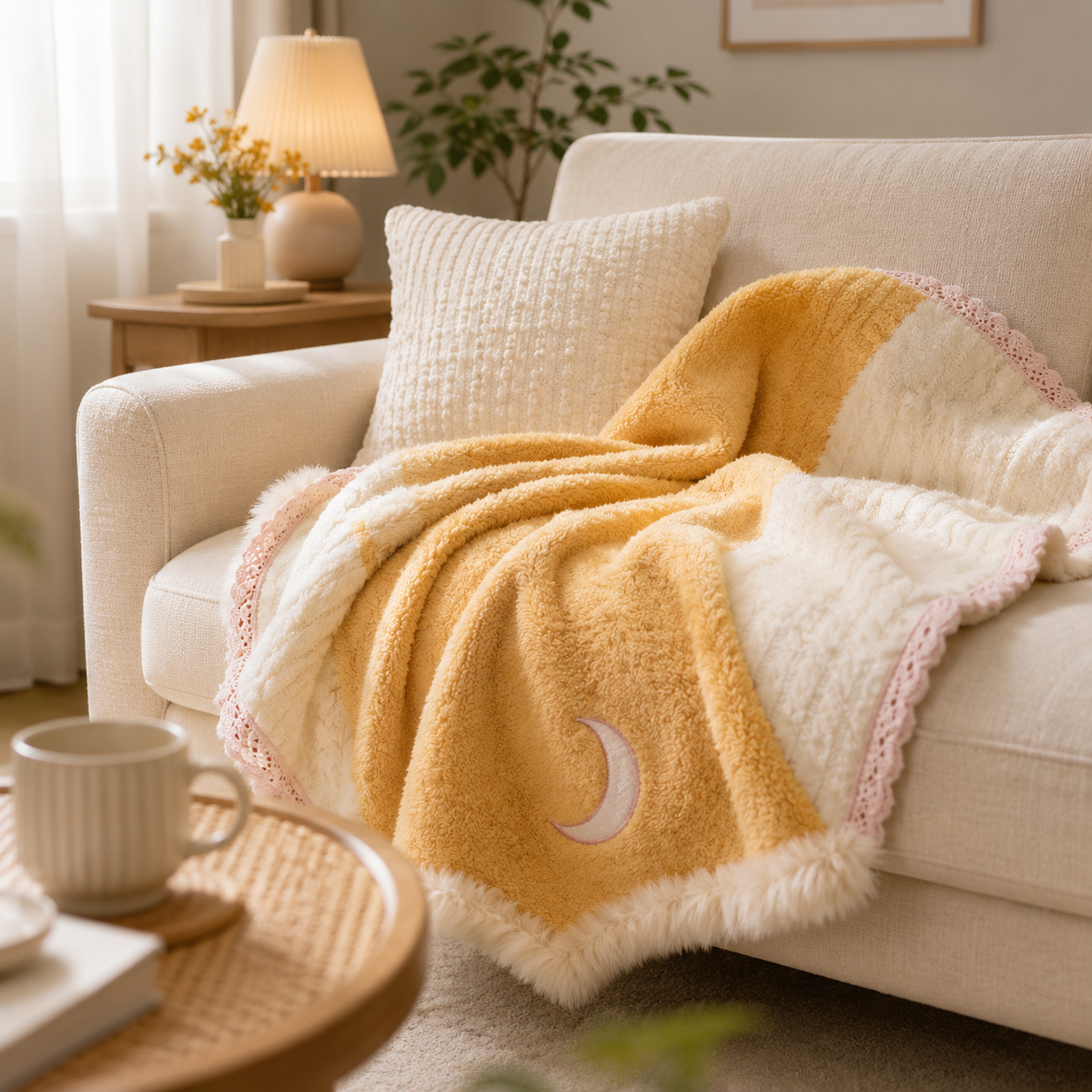 Crescent Moon Pom‑pom Knit Throw Blanket