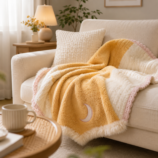 Crescent Moon Pom‑pom Knit Throw Blanket