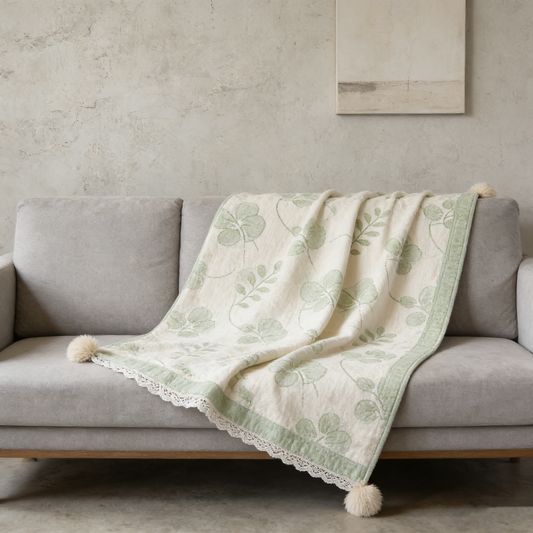 Eucalyptus Pom Pom Lace Throw Blanket