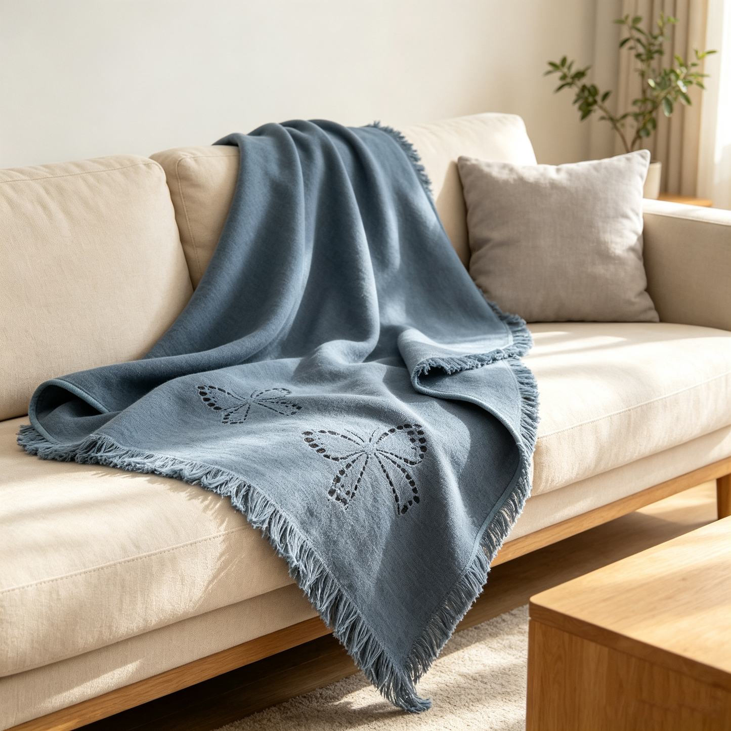 Blue Butterfly Fringe Linen Throw Blanket