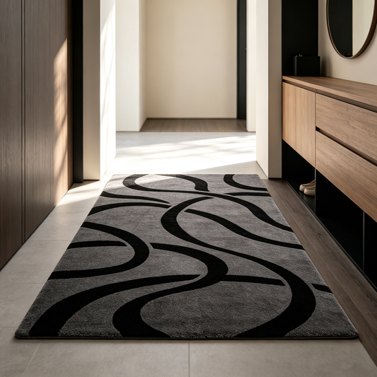 Grey Black Swirl Abstract Rug