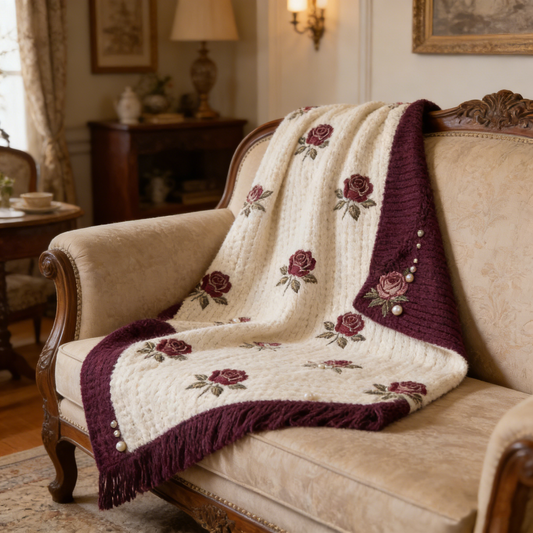 Burgundy Rose Pearl Knit Throw Blanket