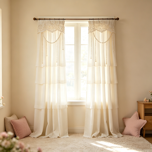 Cream Pearl Layered Lace Curtain Set