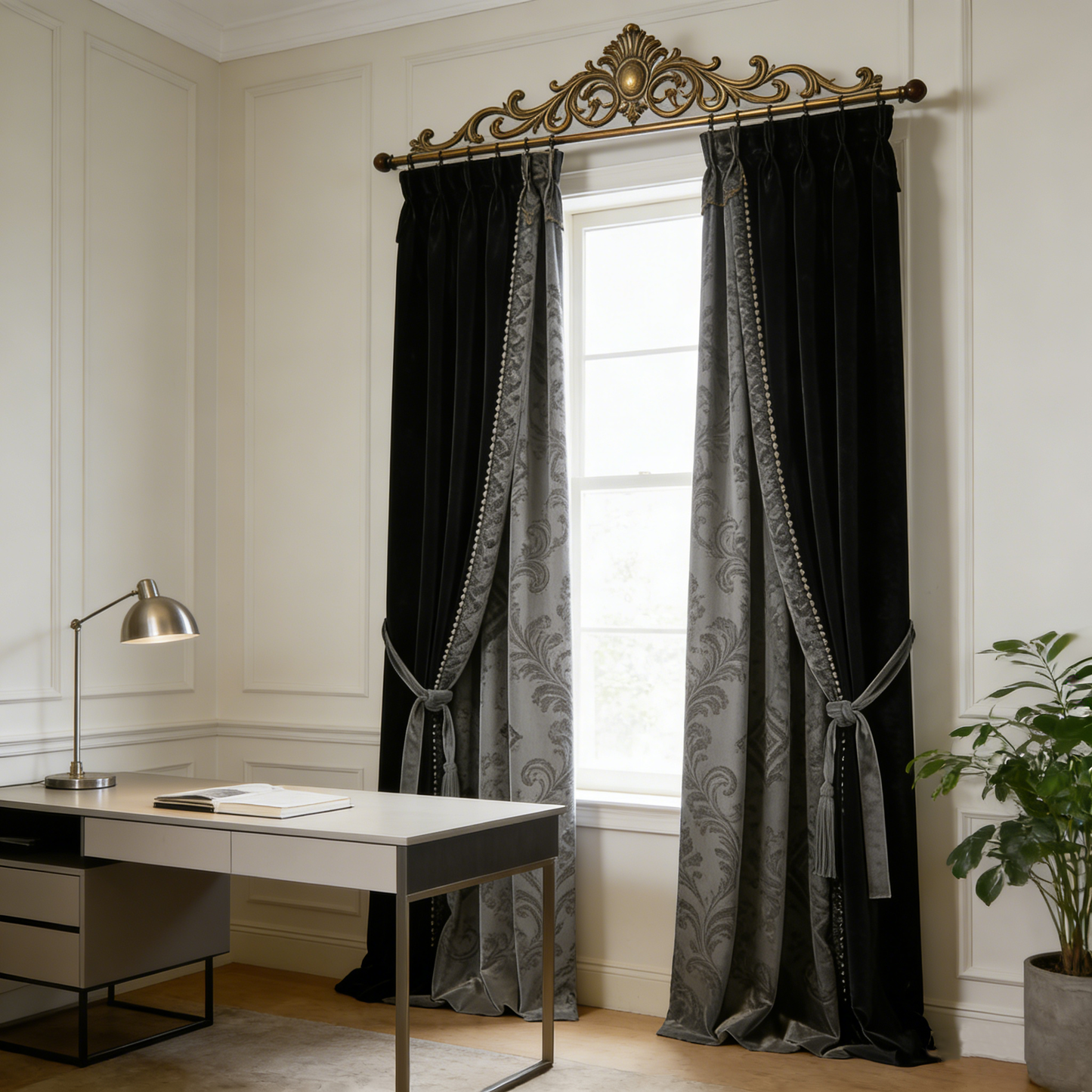 Black‑Grey Dual‑Sided Velvet Curtain Set