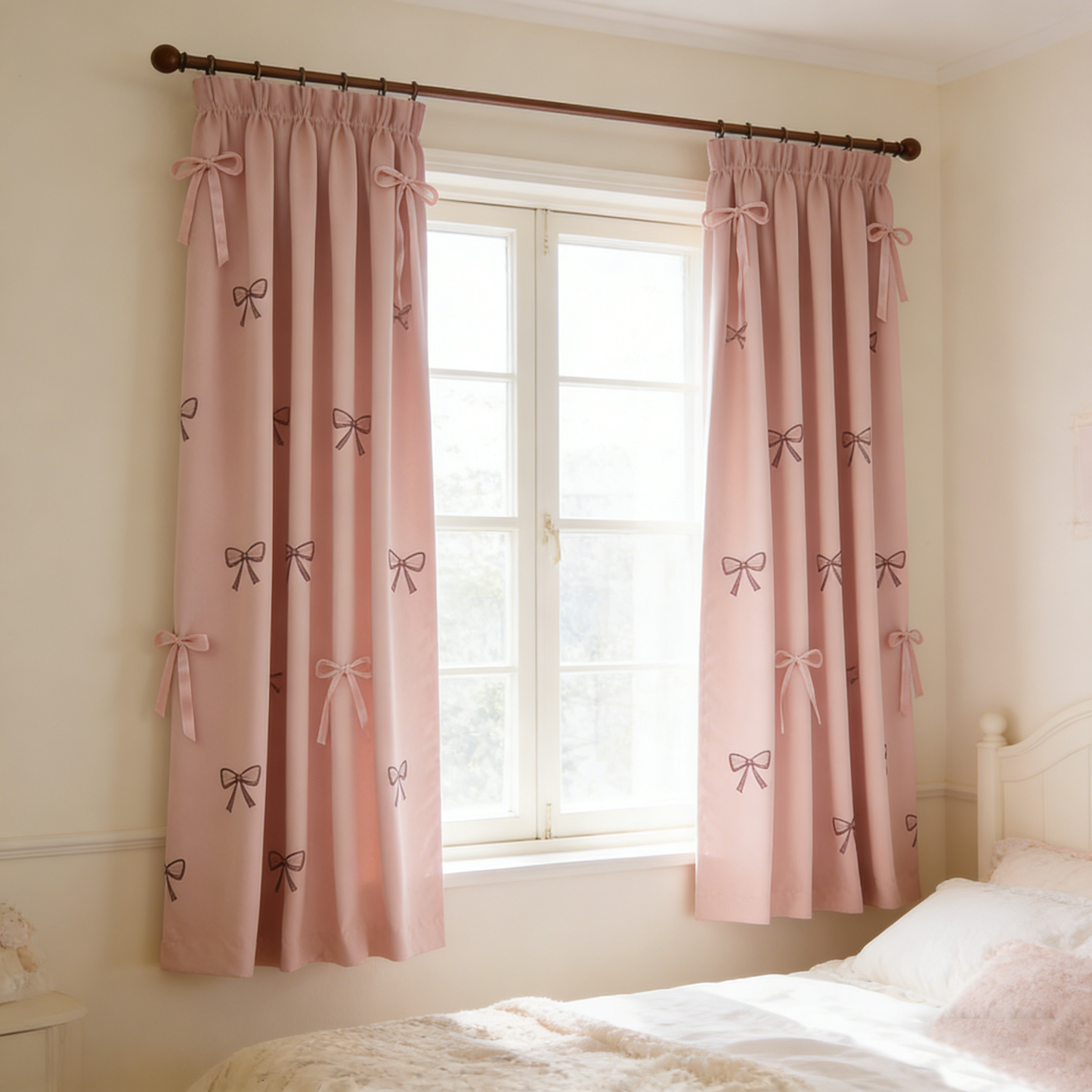Pink Bow Embroidery Curtain Set
