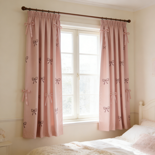 Pink Bow Embroidery Curtain Set