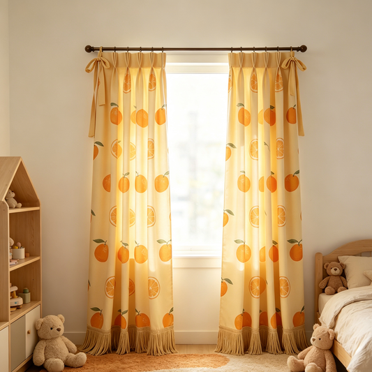 Yellow Orange Fruit Print Tassel Curtain Set