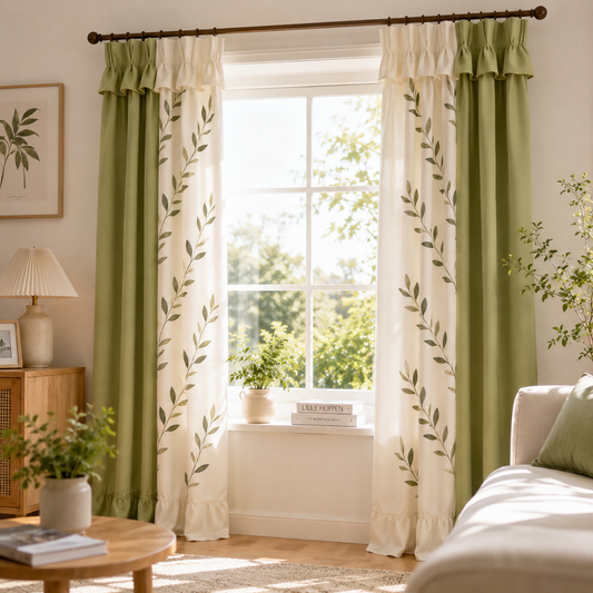 Green‑White Leaf Ruffle Curtain Set