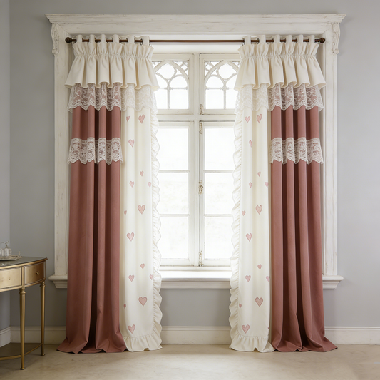 Dusty Pink Heart Lace Ruffle Curtain Set