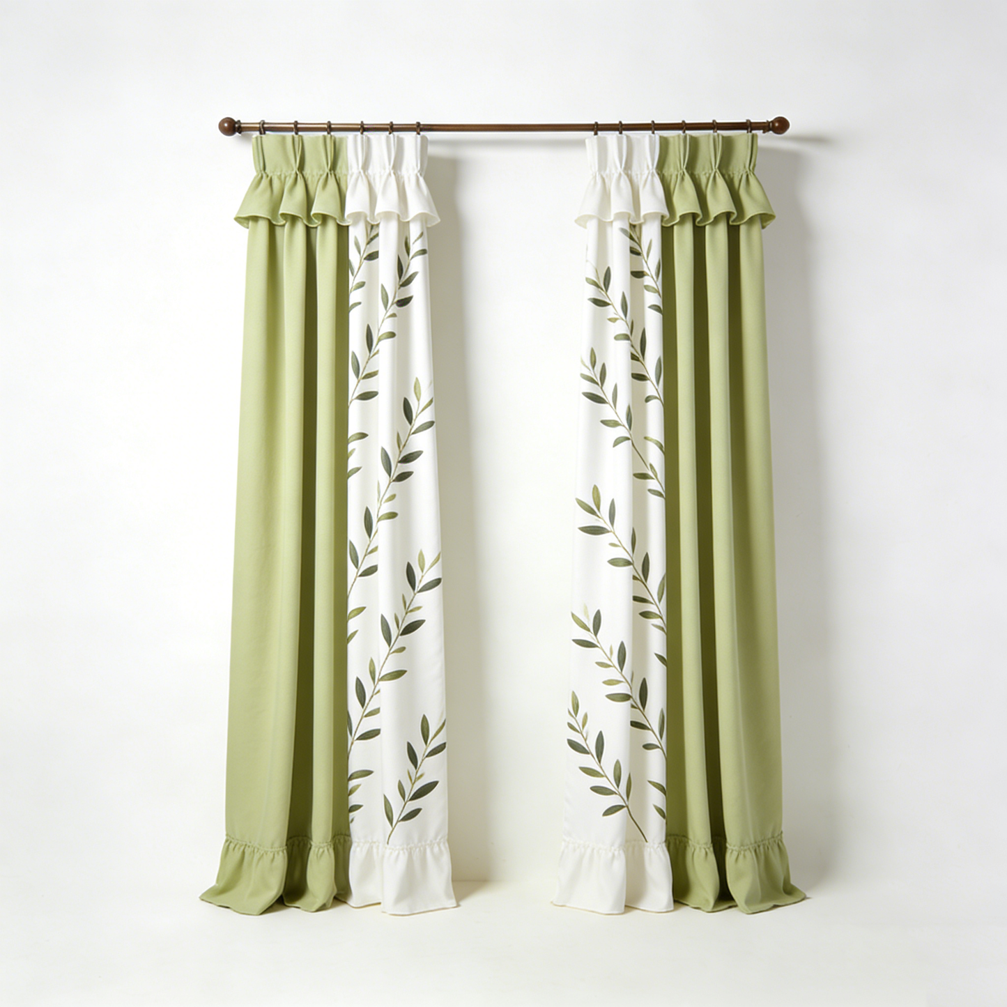 Green‑White Leaf Ruffle Curtain Set
