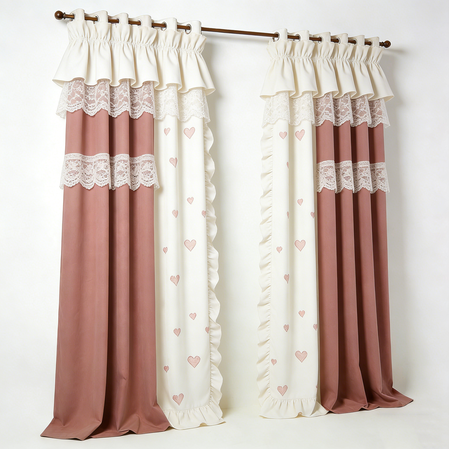 Dusty Pink Heart Lace Ruffle Curtain Set